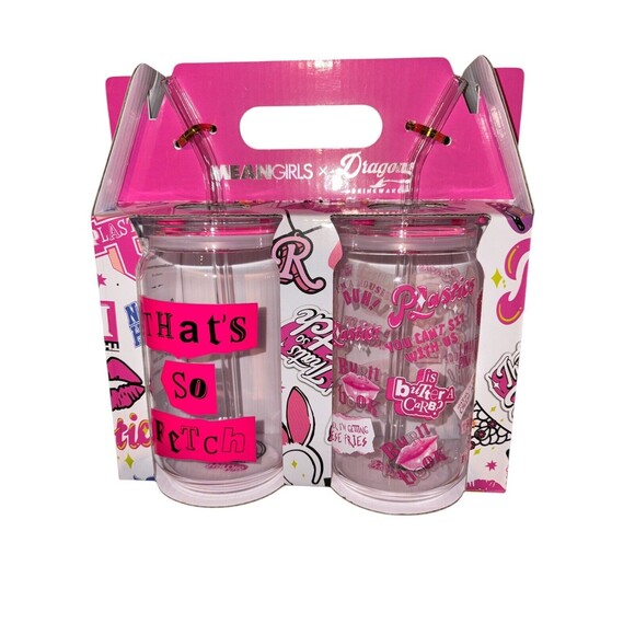 Mean Girls X Dragon Glassware Drinking Glasses With Glass Straws NEW Rare - Picture 2 of 5